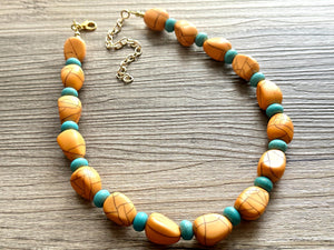 Orange Crackle Chunky Statement Necklace, Big beaded bib jewelry, Single Strand Statement Necklace, turquoise stone bead 1 layering