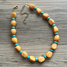 Load image into Gallery viewer, Orange Crackle Chunky Statement Necklace, Big beaded bib jewelry, Single Strand Statement Necklace, turquoise stone bead 1 layering