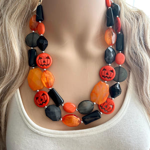 Orange & Black Spooky Halloween Necklace, Double strand orange jewelry, jack O Lantern pumpkin chunky big bead statement necklace