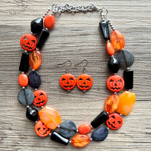 Orange & Black Spooky Halloween Necklace, Double strand orange jewelry, jack O Lantern pumpkin chunky big bead statement necklace