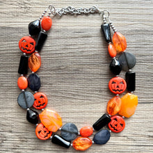 Load image into Gallery viewer, Orange &amp; Black Spooky Halloween Necklace, Double strand orange jewelry, jack O Lantern pumpkin chunky big bead statement necklace