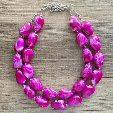 Raspberry Swirl Double Strand Beaded Statement Necklace, purple pink beaded necklace, bridesmaid jewelry layering white resin chunky