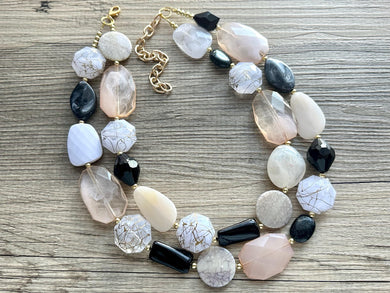Desert Oasis Statement Necklace, neutral chunky beaded jewelry chunky tan champagne, color block beaded necklace, black white gold