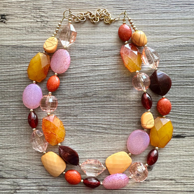 Apple Cider Harvest Chunky 2 Strand Statement Necklace, Fall Neutral dark red olive jewelry statement marigold gold orange