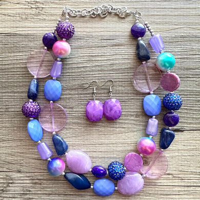 Perfect Purple & Blue beaded Necklace, 2 strand jewelry, big beaded chunky statement necklace, periwinkle aqua blue aqua turquoise pink whit