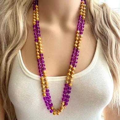 Peanut Butter & Jelly Glass Bead Chunky Statement Necklace, long glass jewelry beaded necklace, layering necklace purple tan brown long