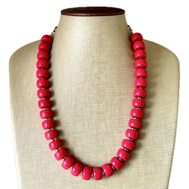 Lipstick Pink Statement Necklace, Chunky Jewelry Big Beaded jewelry, Single Strand Necklace, dark pink jewelry magenta bubblegum silver