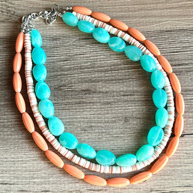 Haven Chunky Statement Necklace, Peach beaded jewelry, Multi Strand Bib Necklace, Beaded necklace mint green tan cream coral brown