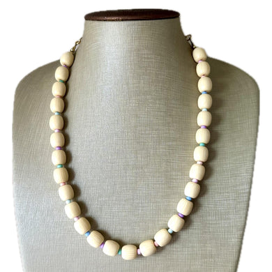 Creamy Pastel Statement Necklace, single strand Geometric Beaded Jewelry, off white bib necklace, shell necklace, champagne