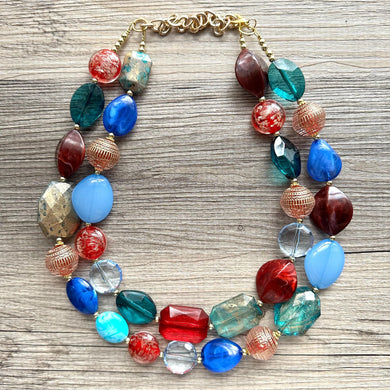 Fall Festival Chunky Statement Necklace, gold bib necklace, red blue emerald green necklace, geometric chain resin beaded jewelry