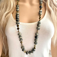 Load image into Gallery viewer, Black Gray &amp; Gold Coin Long Necklace, Vintage Double or single strand gold jewelry, big beaded chunky statement necklace, black gold metal