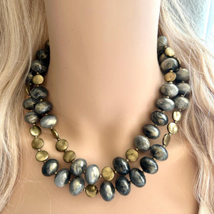 Black Gray & Gold Coin Long Necklace, Vintage Double or single strand gold jewelry, big beaded chunky statement necklace, black gold metal