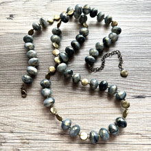 Load image into Gallery viewer, Black Gray &amp; Gold Coin Long Necklace, Vintage Double or single strand gold jewelry, big beaded chunky statement necklace, black gold metal