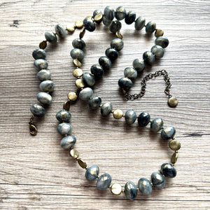 Black Gray & Gold Coin Long Necklace, Vintage Double or single strand gold jewelry, big beaded chunky statement necklace, black gold metal