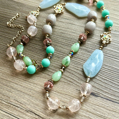 Pastel Garden Fairy Long Necklace, Vintage single strand gold jewelry, big beaded chunky statement necklace, baby blue pink green flower