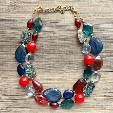 Fall Quilt Chunky Statement Necklace, gold bib necklace, red blue emerald green necklace, geometric chain resin beaded jewelry