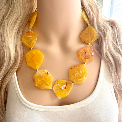 Thick Geometric Yellow Marigold Chunky Statement Necklace, Big beaded jewelry Bib, chunky bridesmaid wedding bridal layering earrings set