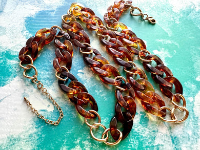 Tortoise Shell & Gold Long Acrylic necklace, brown linking acetate necklace, chain statement jewelry, layering yellow resin chunky strand