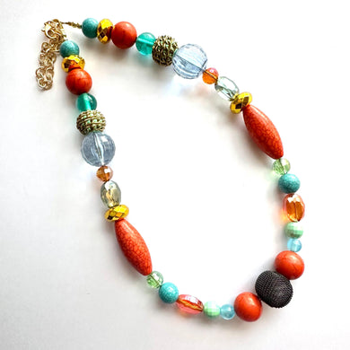 Santa Fe Chunky Statement Necklace, single strand bib beaded jewelry, sky blue color block necklace, light green orange black aqua jewelry