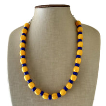 Load image into Gallery viewer, Yellow &amp; Royal Blue Single 1 Strand Big Beaded Statement Necklace, mustard yellow Jewelry, beaded yellow bridesmaid necklace jewelry