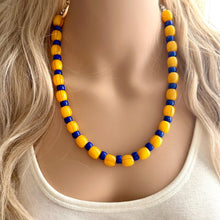 Load image into Gallery viewer, Yellow &amp; Royal Blue Single 1 Strand Big Beaded Statement Necklace, mustard yellow Jewelry, beaded yellow bridesmaid necklace jewelry