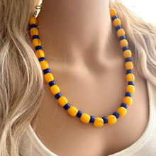 Load image into Gallery viewer, Yellow &amp; Royal Blue Single 1 Strand Big Beaded Statement Necklace, mustard yellow Jewelry, beaded yellow bridesmaid necklace jewelry