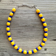 Load image into Gallery viewer, Yellow &amp; Royal Blue Single 1 Strand Big Beaded Statement Necklace, mustard yellow Jewelry, beaded yellow bridesmaid necklace jewelry