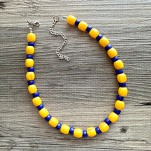 Load image into Gallery viewer, Yellow &amp; Royal Blue Single 1 Strand Big Beaded Statement Necklace, mustard yellow Jewelry, beaded yellow bridesmaid necklace jewelry