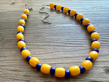 Load image into Gallery viewer, Yellow &amp; Royal Blue Single 1 Strand Big Beaded Statement Necklace, mustard yellow Jewelry, beaded yellow bridesmaid necklace jewelry