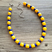 Load image into Gallery viewer, Yellow &amp; Royal Blue Single 1 Strand Big Beaded Statement Necklace, mustard yellow Jewelry, beaded yellow bridesmaid necklace jewelry