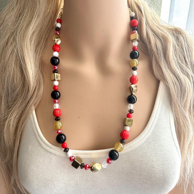 Long Red Sparkle Statement Necklace, Chunky 1 Strand Jewelry, gold necklace, layering football beaded thin bead sports black white skinny