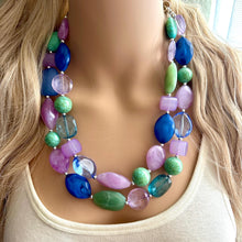 Load image into Gallery viewer, Bejeweled Green 2 Strand Necklace, blue Necklace, purple aqua jewelry, green chunky statement necklace OOAK, emerald turquoise