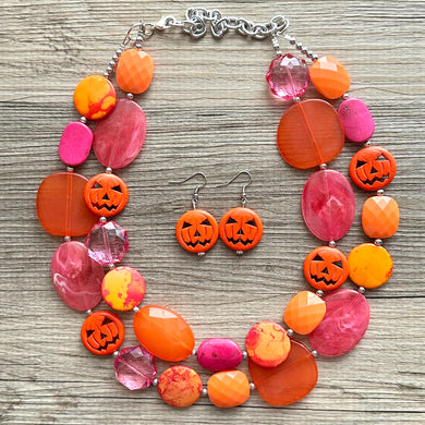 Orange & Pink Halloween Necklace, Double strand orange jewelry, jack O Lantern pumpkin chunky big bead statement necklace hot pink magenta