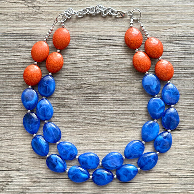 Orange & Royal Blue Chunky Statement Necklace, Big beaded jewelry, Double Strand Statement Necklace, Bib necklace, sport bridesmaid wedding