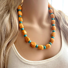 Load image into Gallery viewer, Orange Crackle Chunky Statement Necklace, Big beaded bib jewelry, Single Strand Statement Necklace, turquoise stone bead 1 layering