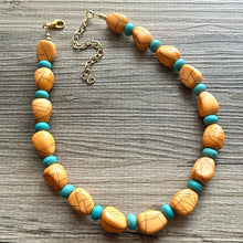 Load image into Gallery viewer, Orange Crackle Chunky Statement Necklace, Big beaded bib jewelry, Single Strand Statement Necklace, turquoise stone bead 1 layering