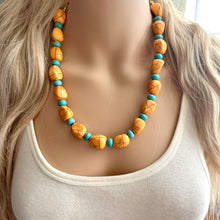 Load image into Gallery viewer, Orange Crackle Chunky Statement Necklace, Big beaded bib jewelry, Single Strand Statement Necklace, turquoise stone bead 1 layering