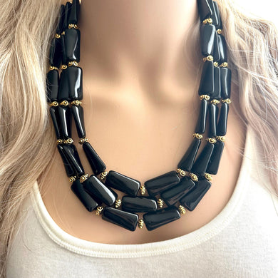 Black & Gold Necklace, 3 strand gold jewelry, big beaded chunky statement necklace, black necklace, gold beaded jewelry thick collar