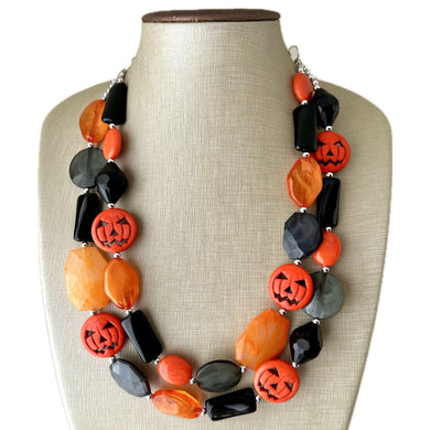 Orange & Black Spooky Halloween Necklace, Double strand orange jewelry, jack O Lantern pumpkin chunky big bead statement necklace