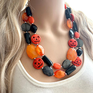 Orange & Black Spooky Halloween Necklace, Double strand orange jewelry, jack O Lantern pumpkin chunky big bead statement necklace