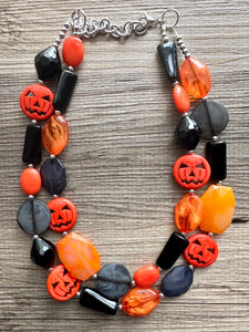 Orange & Black Spooky Halloween Necklace, Double strand orange jewelry, jack O Lantern pumpkin chunky big bead statement necklace