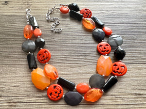 Orange & Black Spooky Halloween Necklace, Double strand orange jewelry, jack O Lantern pumpkin chunky big bead statement necklace