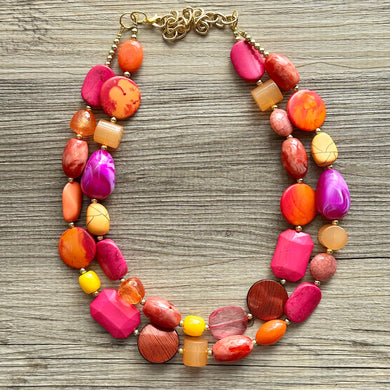 Sunset Boulevard Statement Necklace, chunky bib beaded jewelry, hot pink blush orange white necklace, cream acrylic jewelry collar neutral