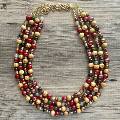 Cranberry Harvest Chunky 4 Strand Statement Necklace, Fall Neutral dark red necklace, earrings jewelry set agate marigold gold maroon