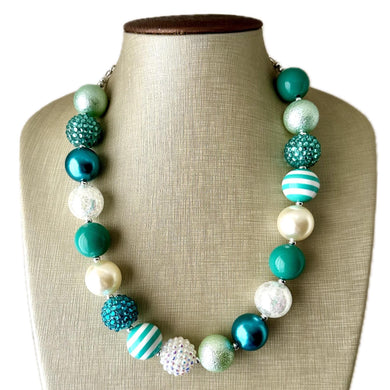 Turquoise blue & white metallic single strand chunky jewelry, handmade beaded metallic statement necklace, teal ball sparkle bib necklace