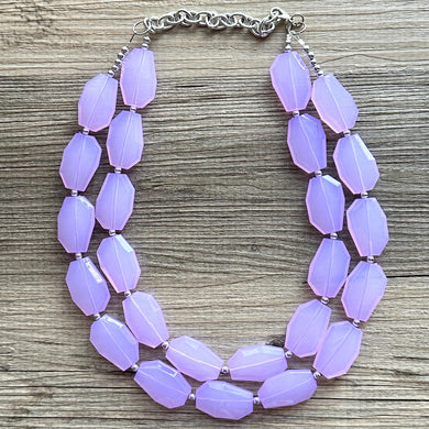 Purple Lavender statement necklace, chunky bib necklace, beaded jewelry light purple necklace, 2 strand pinkish purple jewelry silver chunky