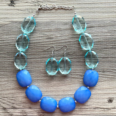 Blue on Blue Big Bead Necklace, single Strand Statement Jewelry, blue Chunky bib, bridesmaid necklace, royal blue light single earrings