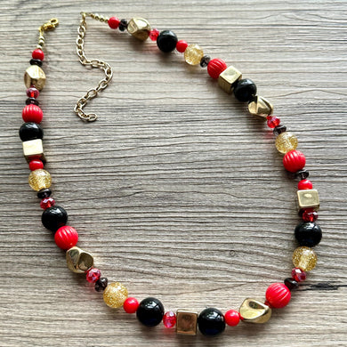 Long Red Glitter Sparkle Statement Necklace, Chunky 1 Strand Jewelry, gold necklace, layering football beaded thin bead sports black skinny