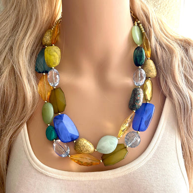 Weekend Seascape Necklace, Blue & Green Chunky Statement resin mint beaded necklace jewelry, multi color strand bib chunky periwinkle