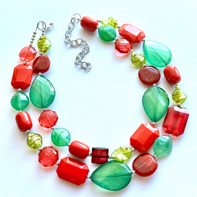 Christmas earrings & necklace Red Silver Green Holiday Jewelry, Christmas stocking stuffer, Red Green Gift Christmas Present December beaded